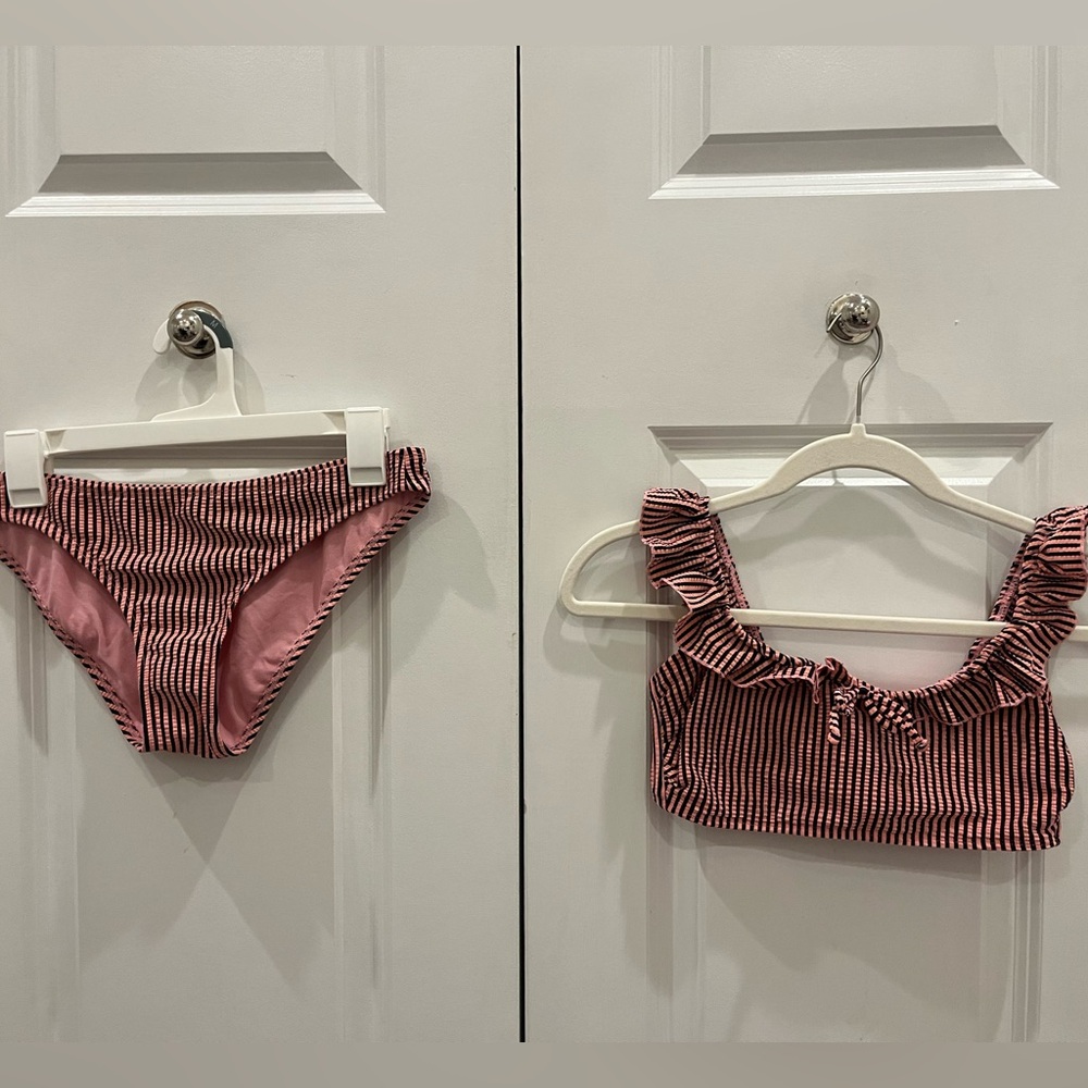 Pink and navy stripe swimsuit set